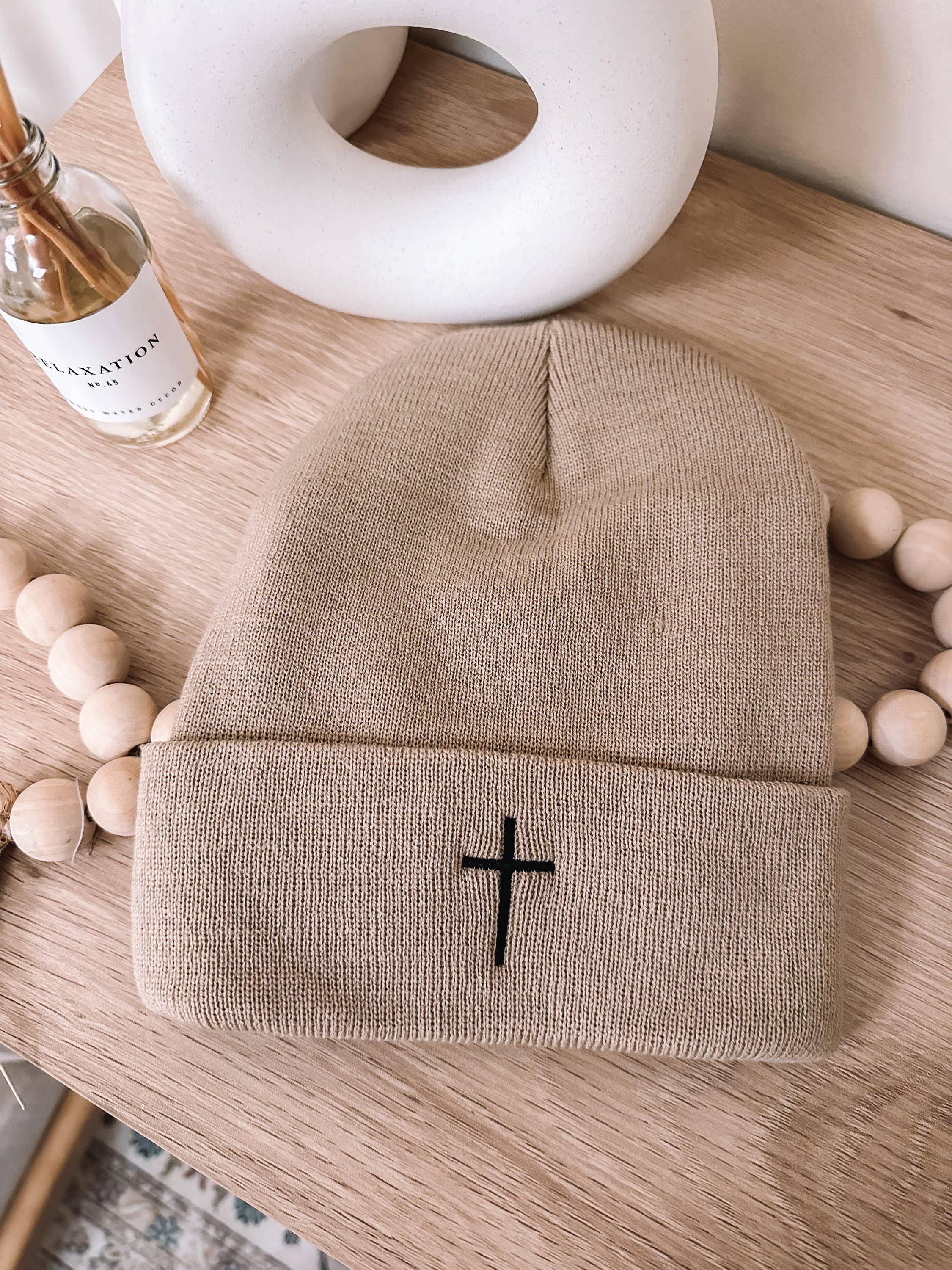 Embroidered Cross Knit Beanie